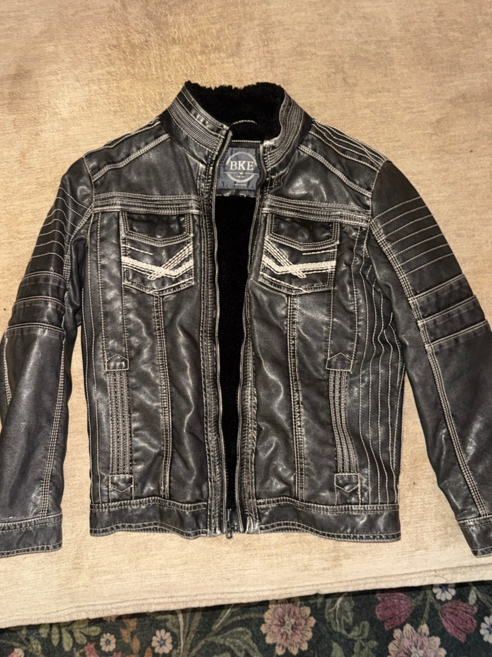 BKE Boy’s Black Distressed Faux Leather Bomber Jacket